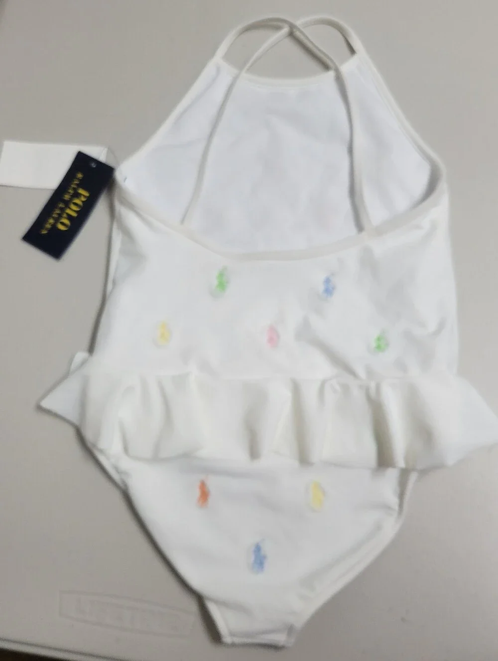 Polo Ralph Lauren NWT White One-Piece Girls Swimsuit with Multicolor Pony Logo.